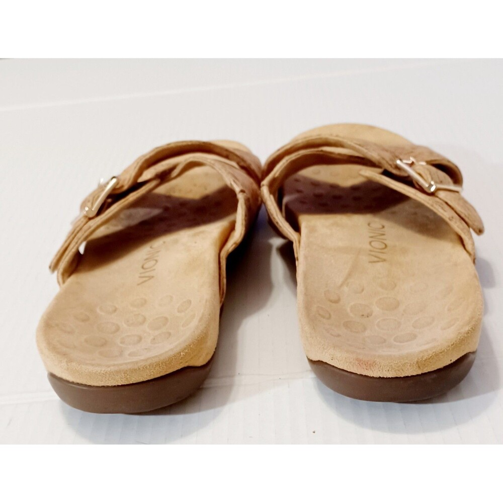 Vionic Cork-Textured Cross Strap Slide Sandals in Tan with Gold Buckles - Picture 6 of 7